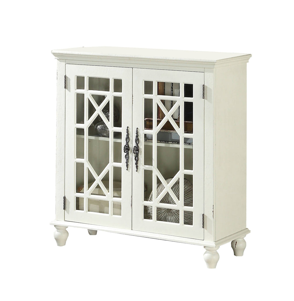 White 2 Door Accent Chest with Glass Inlay and Turned Feet H8089