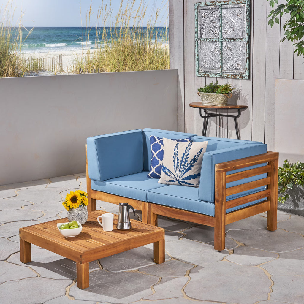 Modular 3 Piece Acacia Wood Sectional Loveseat and Coffee Table with Cushions Q680108