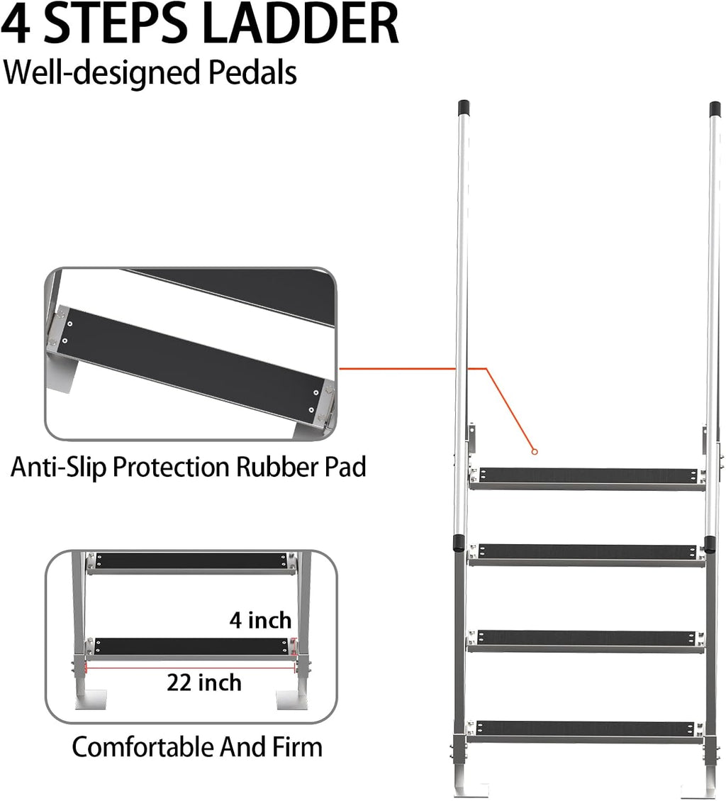 Aluminum 4 Steps Pontoon Boat Ladder with Hand Railings Anti-Slip Rubber Mat Z6025