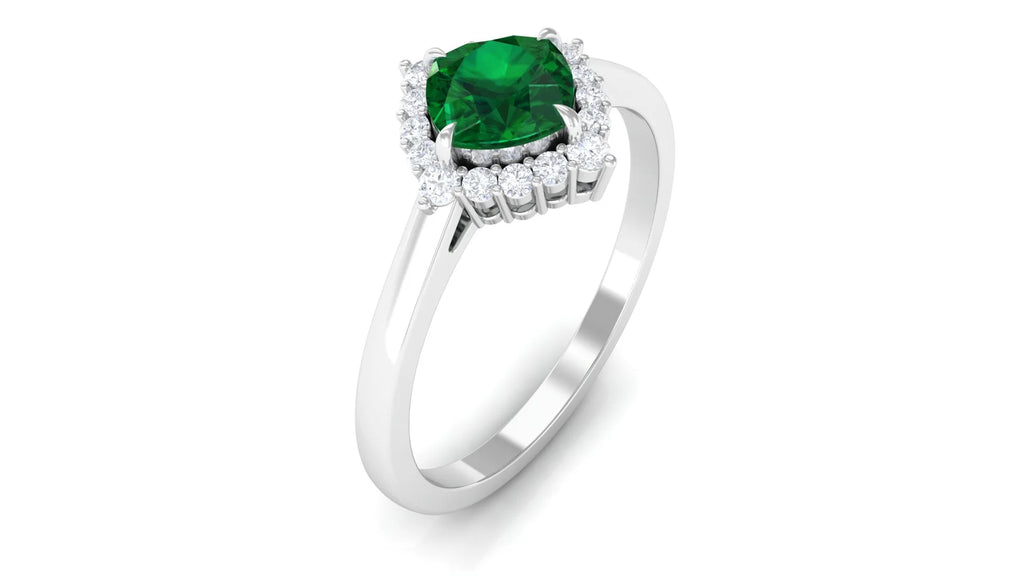 Cushion Cut Lab Grown Emerald Ring with Diamond Halo, 10K White Gold, US 7.50 N336