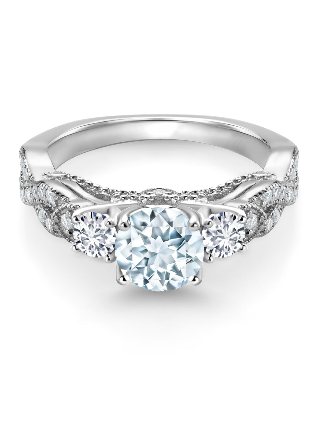 925 Sterling Silver Sky Blue Aquamarine White Diamond White Moissanite Engagement Ring E578033