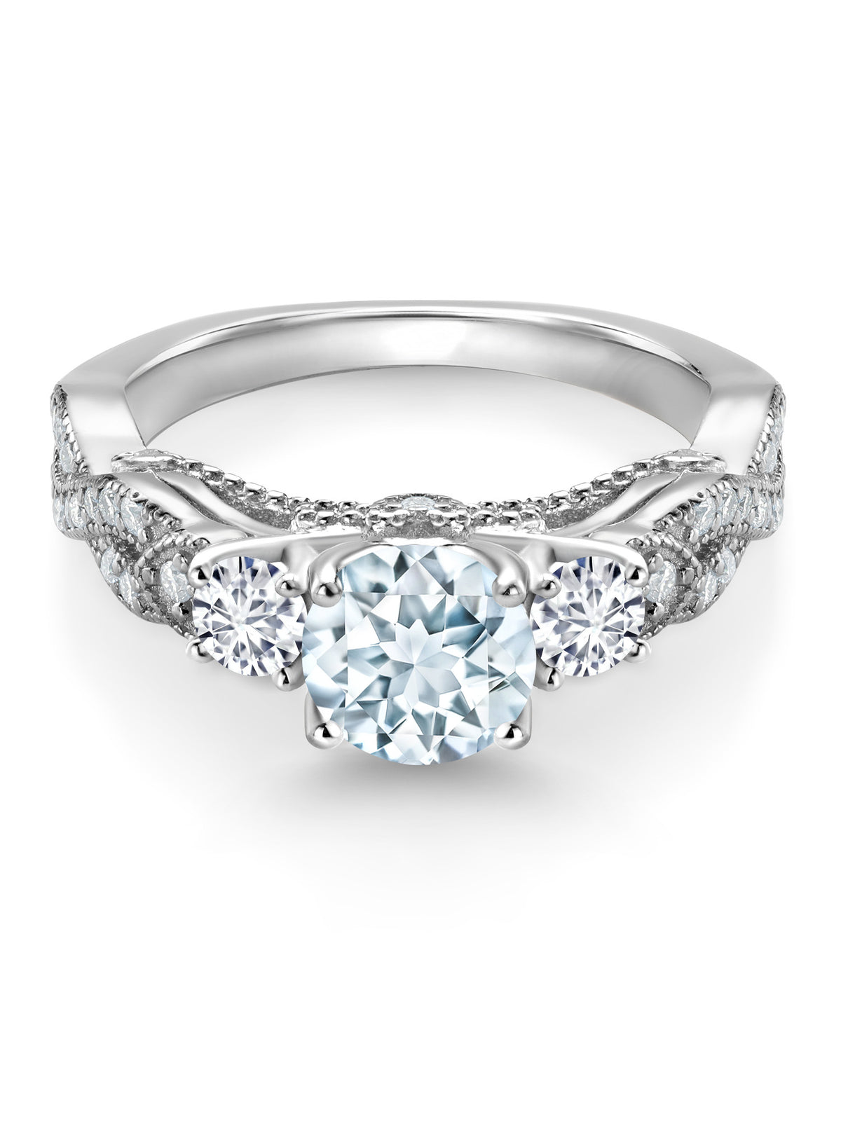 925 Sterling Silver Sky Blue Aquamarine White Diamond White Moissanite Engagement Ring E578033