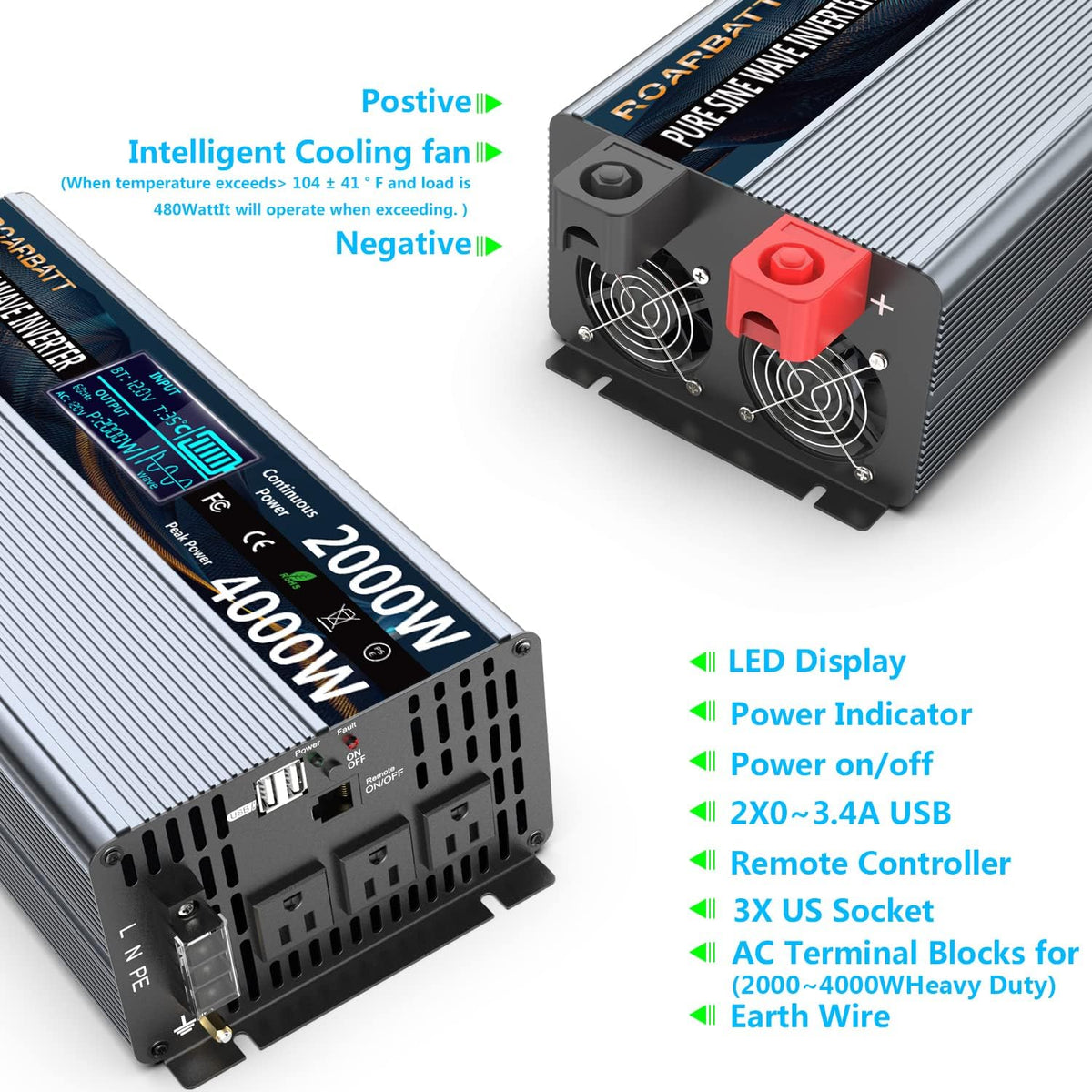 1000 Watt 12V DC to 110V AC Power Inverter with 2 AC Outlets and USB Port P63332