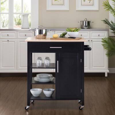 Black Kitchen Cart with Solid Wood Top C4412