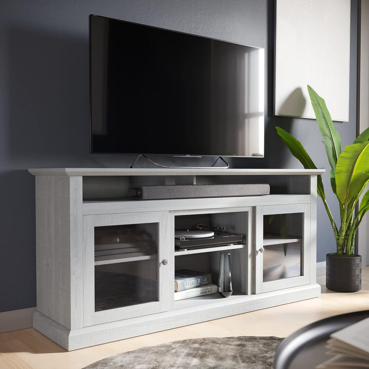 Light Gray Electric Fireplace TV Stand with Open Storage Shelves & Cabinets C589