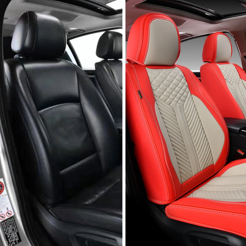 Beige & Red Waterproof Leather Car Seat Covers, 2 Pieces B149195