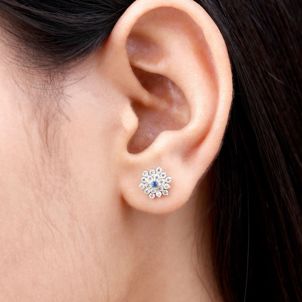 Blue Sapphire Floral Earrings with Diamond, 10K Yellow Gold P6564