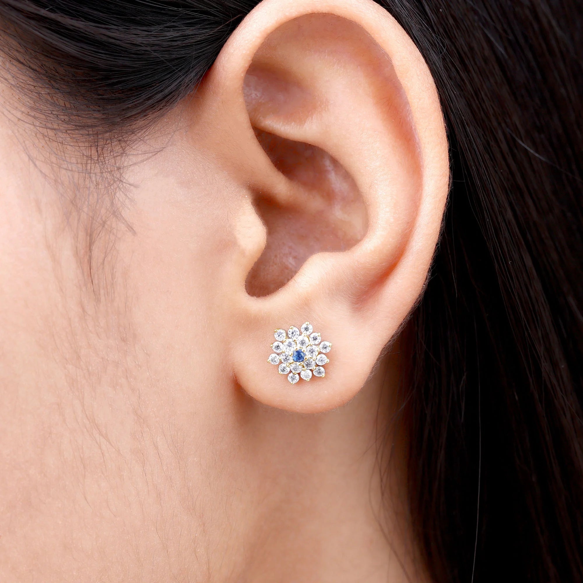 Blue Sapphire Floral Earrings with Diamond, 10K Yellow Gold P6564