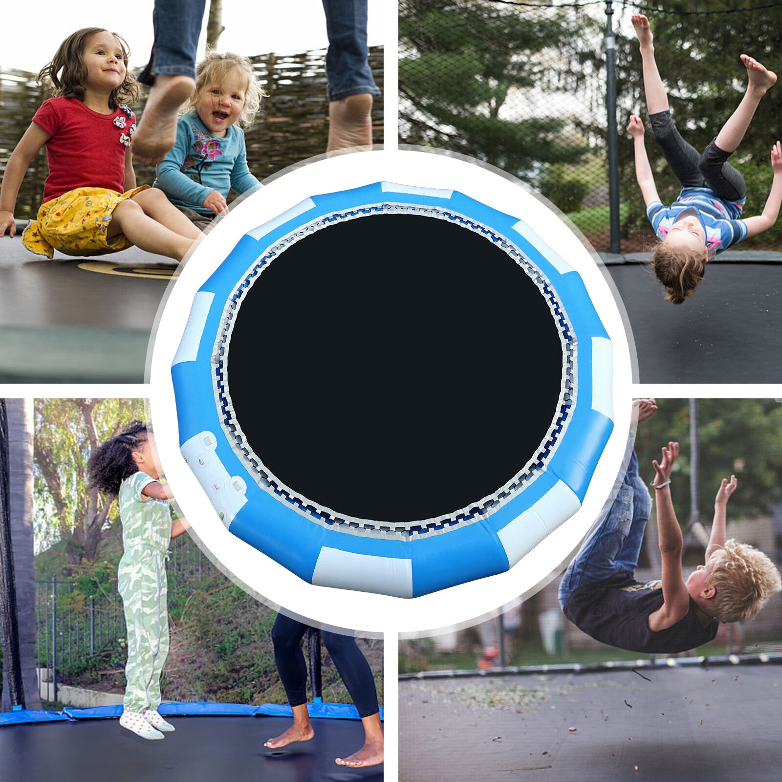 16.4Ft Inflatable Water Trampoline Blue & White 880Lb Capacity Floating Platform with Ladder N50822