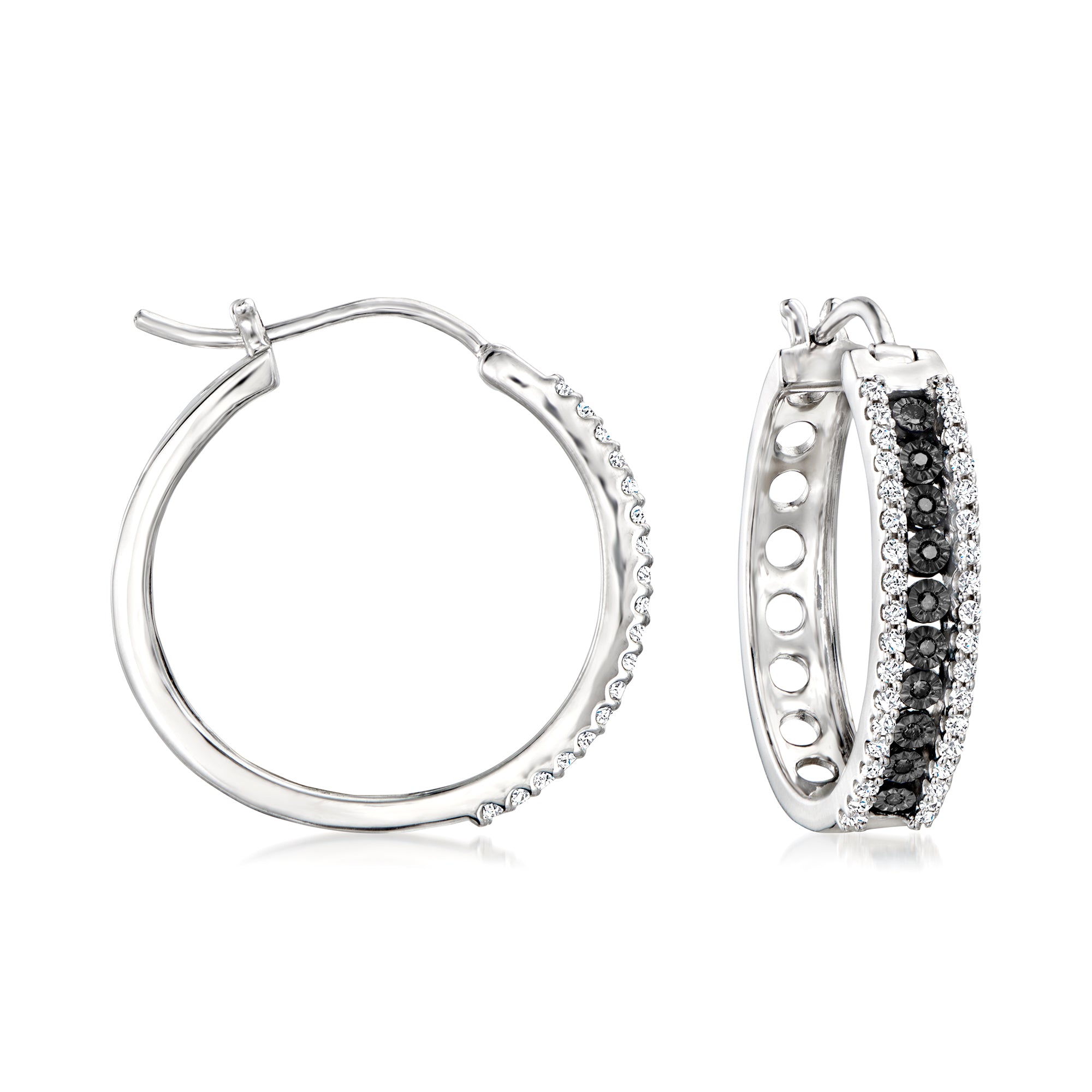 White and Black Diamond Hoop Earrings in Sterling Silver Q209