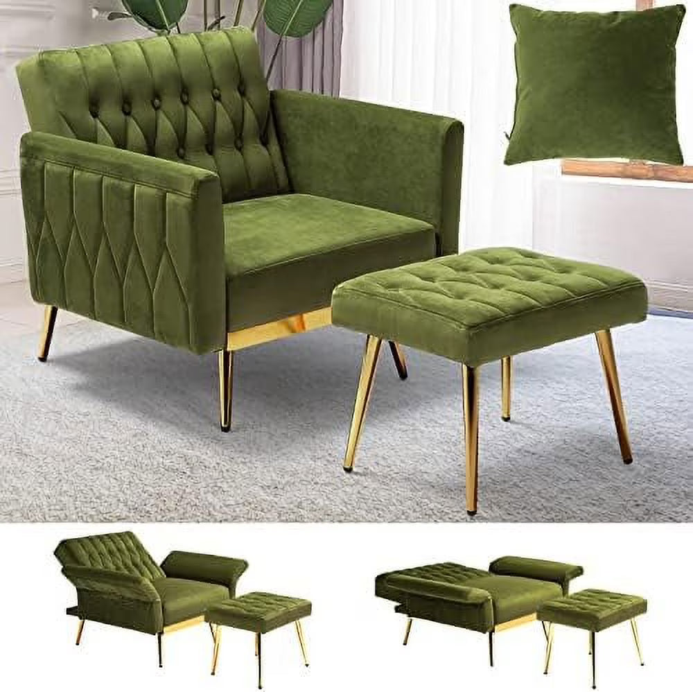 Velvet Accent Chair with Ottoman and Pillow Olive Green S954