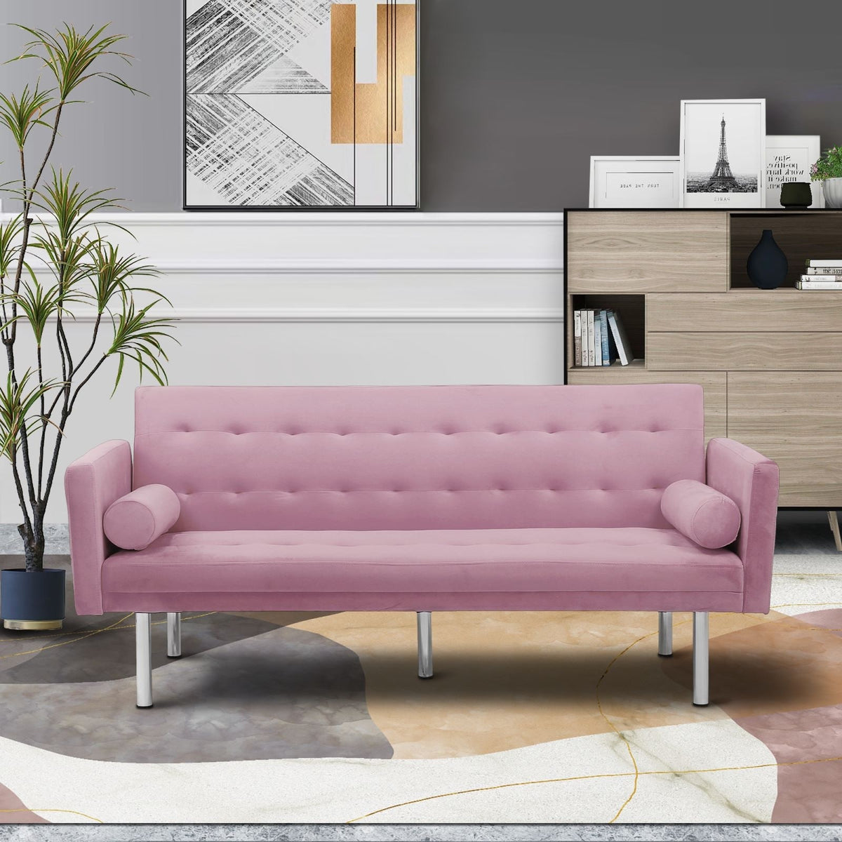 Pink Velvet Convertible Sofa Sleeper Sofa I9233
