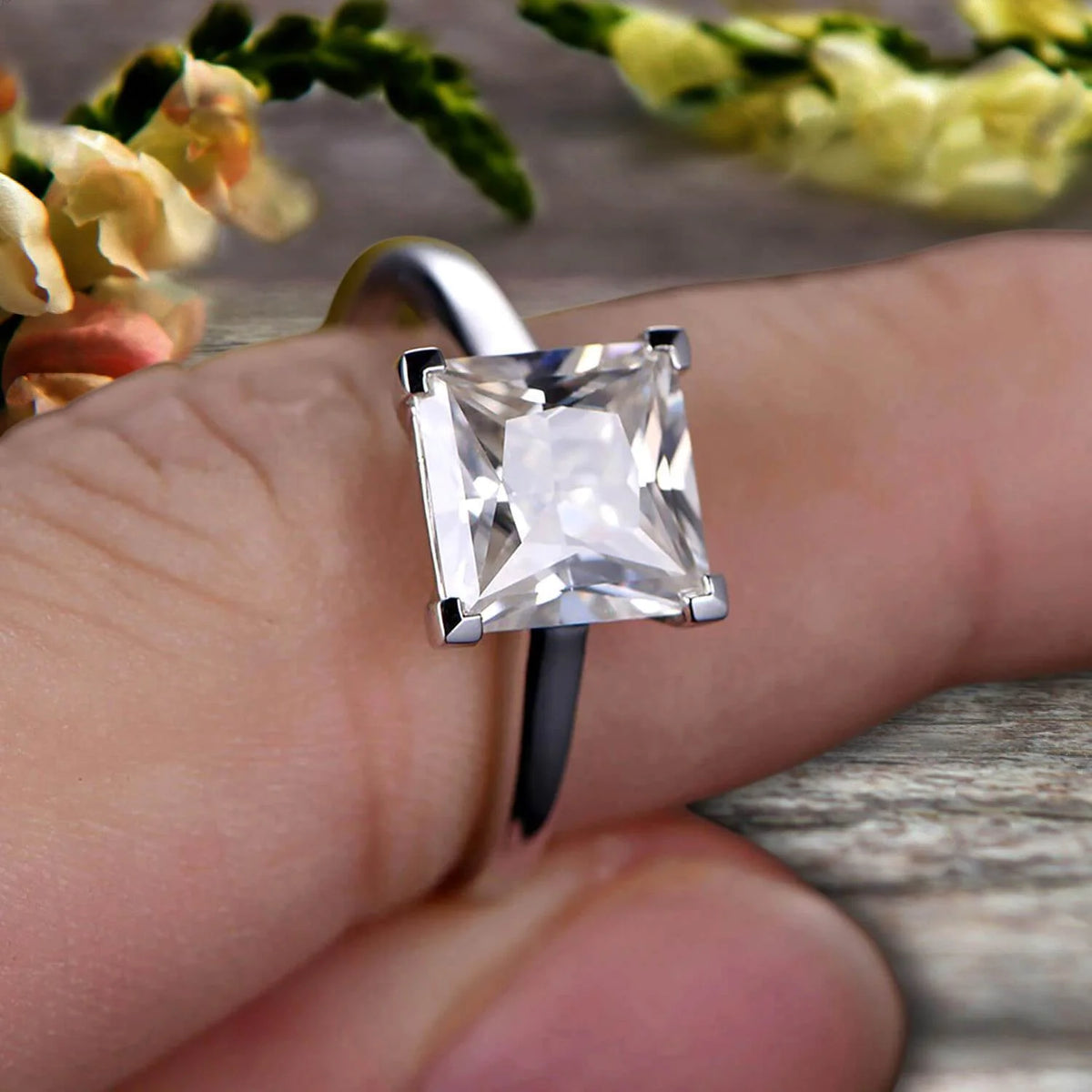 Princess Cut Moissanite Solitaire Engagement Ring on 10k White Gold U2329