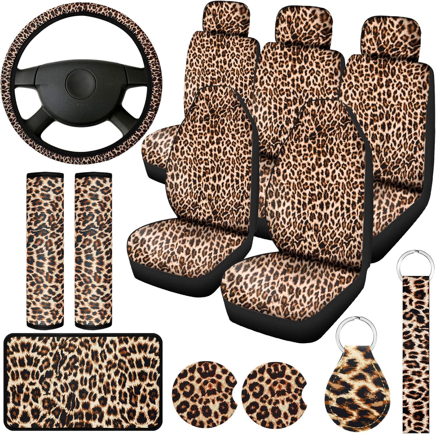 15 Pieces Leopard Print Car Seat Covers Full Set (White) I38835