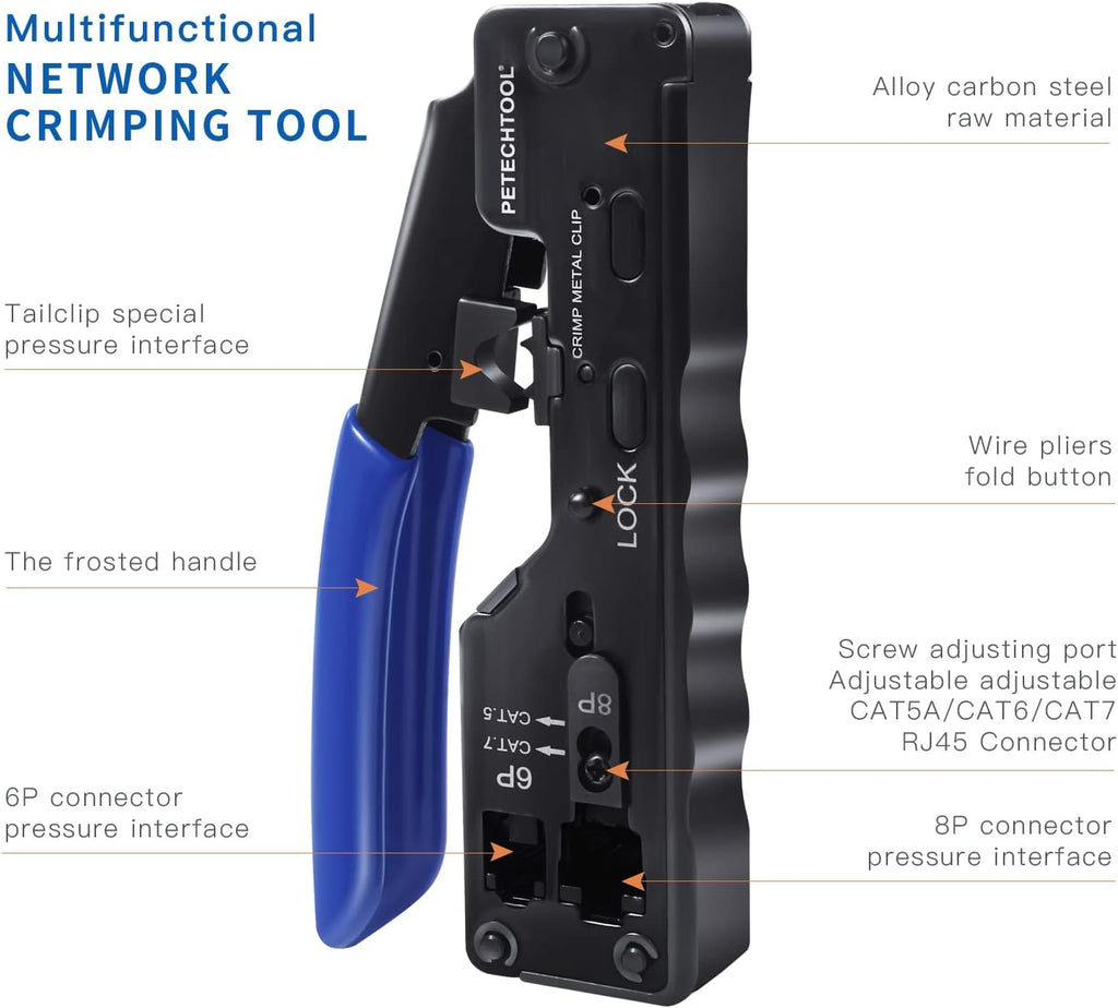 RJ45 Crimp Tool Ethernet Crimping Tool Wire Cutter Crimper For Cat7 Cat6a Cat6 Cat5e Pass Through Connectors W576