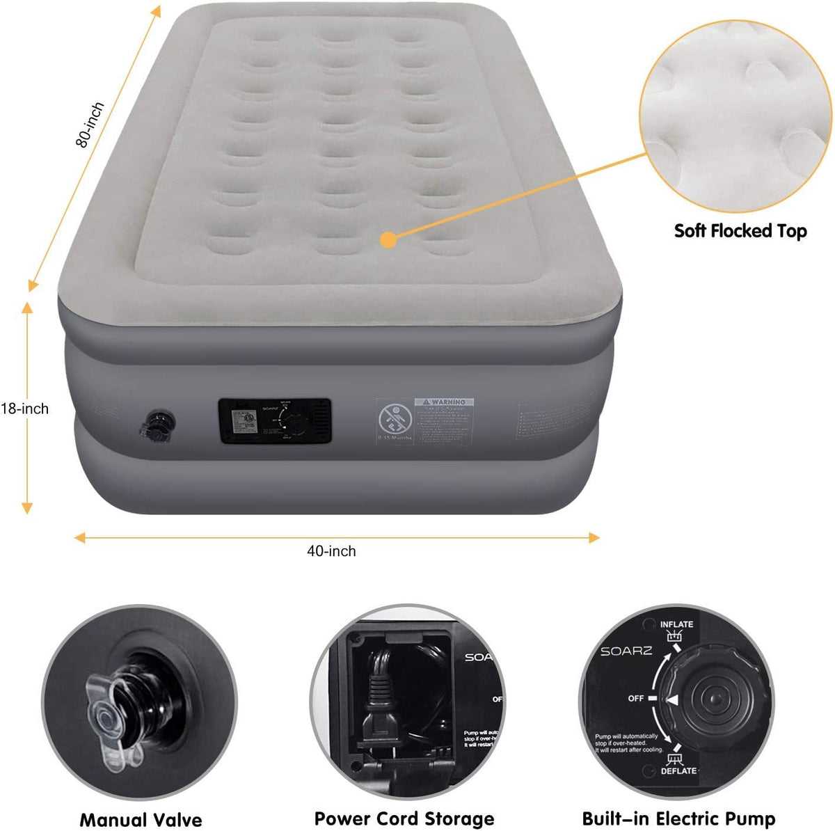 Queen Air Mattress with Built-in Pump, Flocked Top Airbed X4325