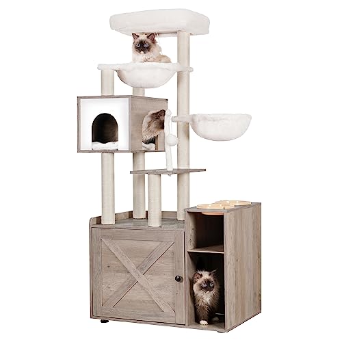 Cat Tree with XL Litter Box Enclosure, Rustic Gray L4310