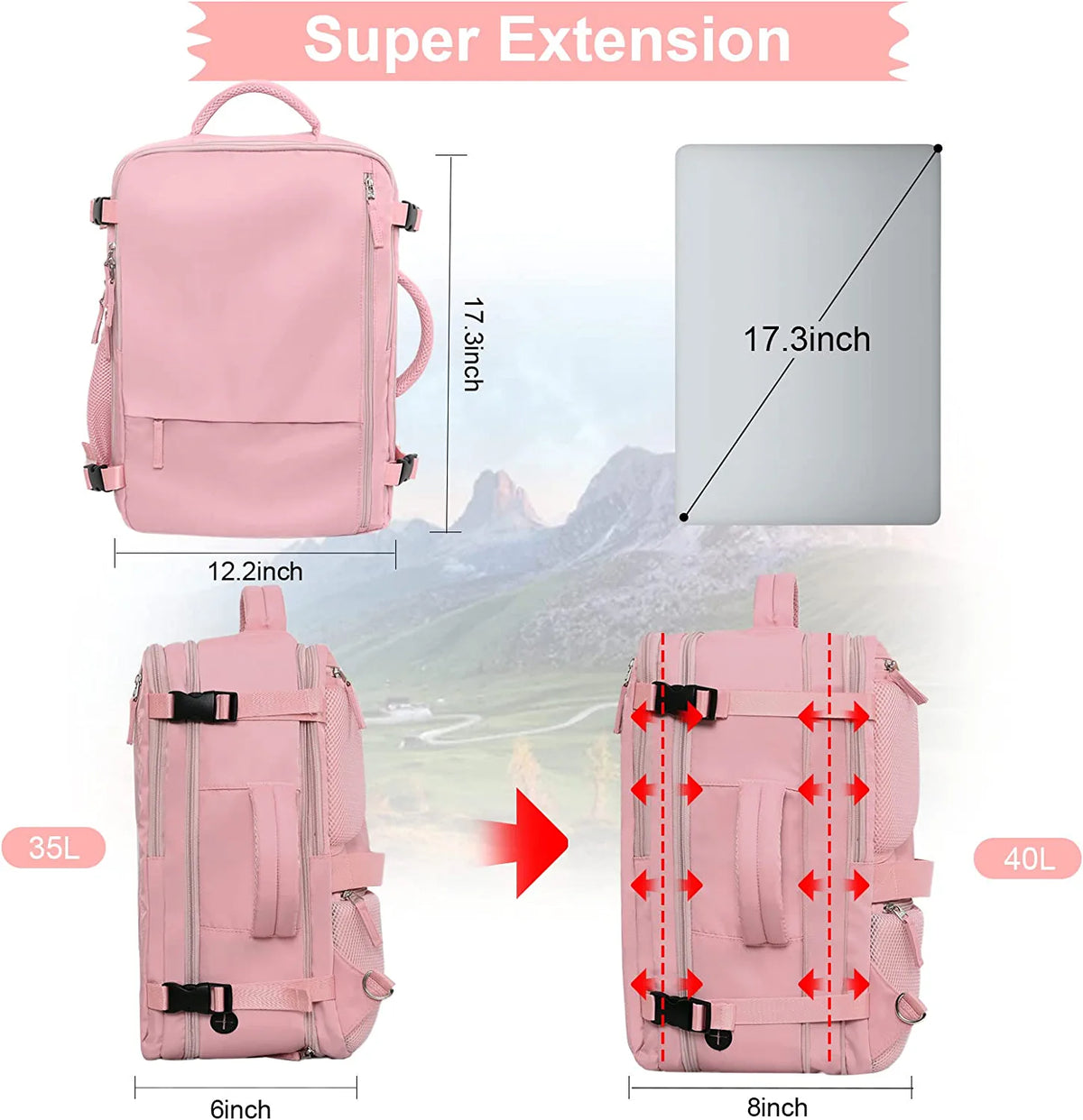 Pink Waterproof Travel Backpack with 2pcs Wash Bags H368