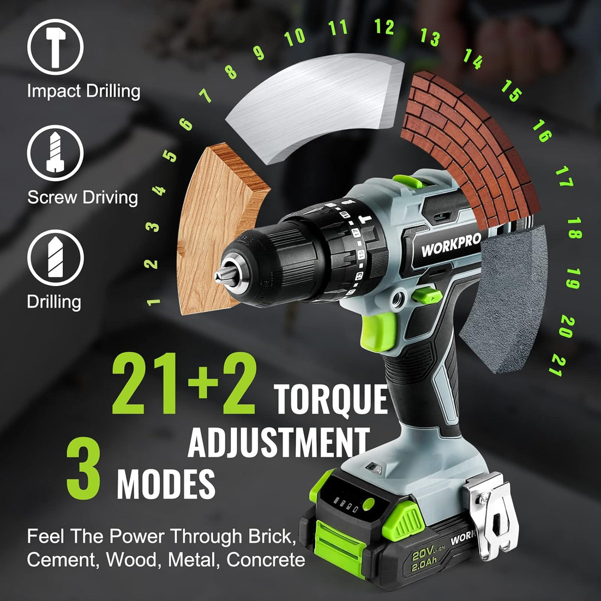 20V Max Cordless Drill Driver Set with 102 Pieces Accessories, 1/2'' Chuck, 2 x 2.0Ah Li-ion Batteries P878