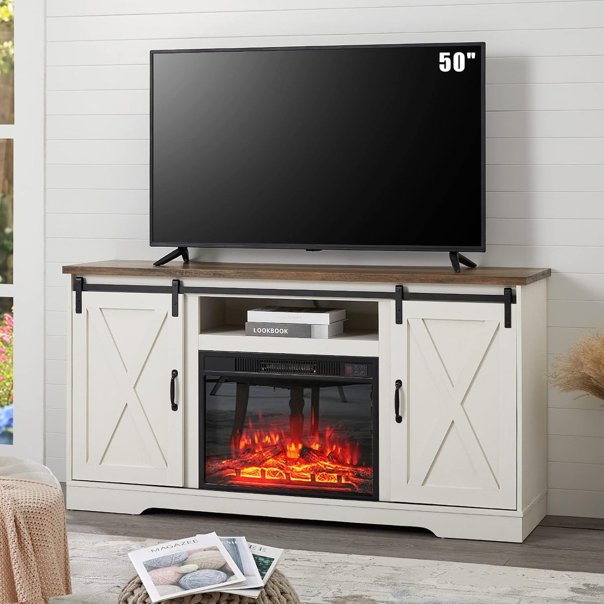 Distressed White Wood TV Stand with Sliding Barn Door U783043