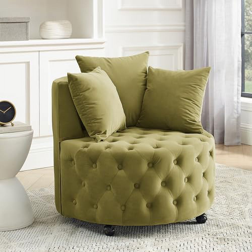 Pink Velvet Swivel Barrel Chair with 3 Pillows and Wheels M3112