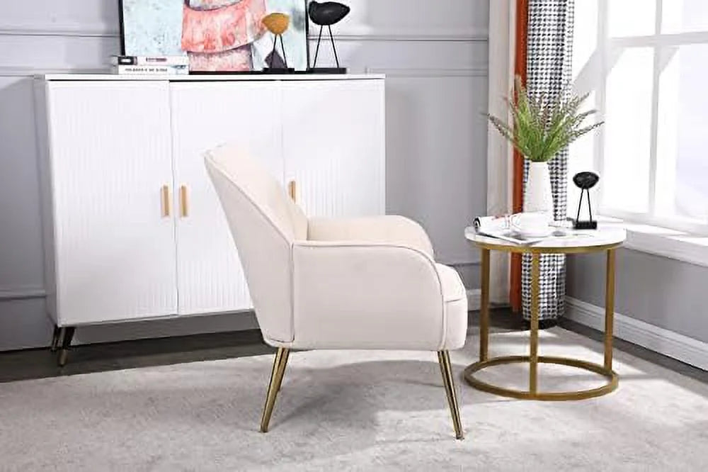 Beige Velvet Tufted Accent Chair with Golden Legs L65906