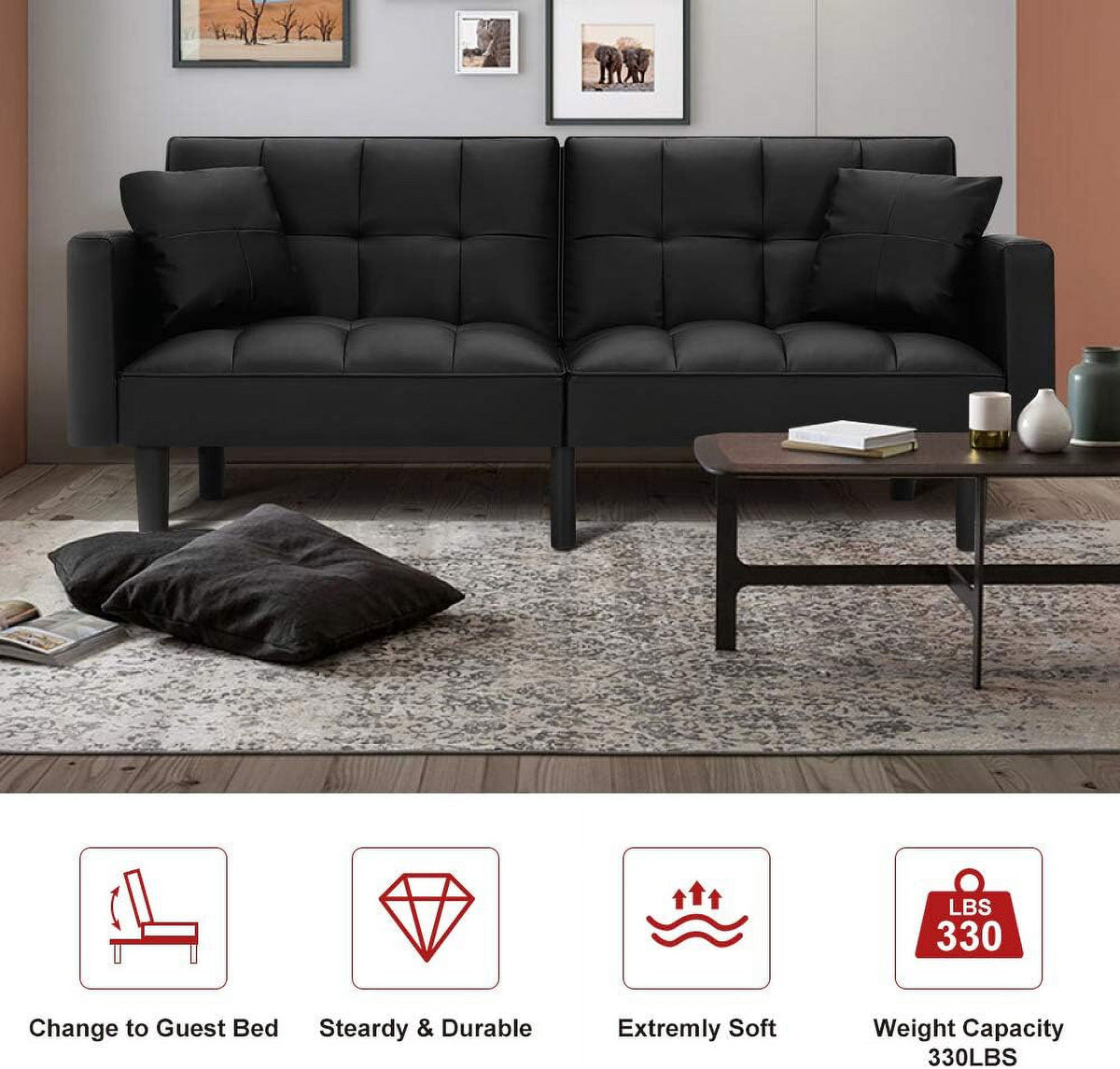 Black Convertible Leather Folding Sofa Bed T9829