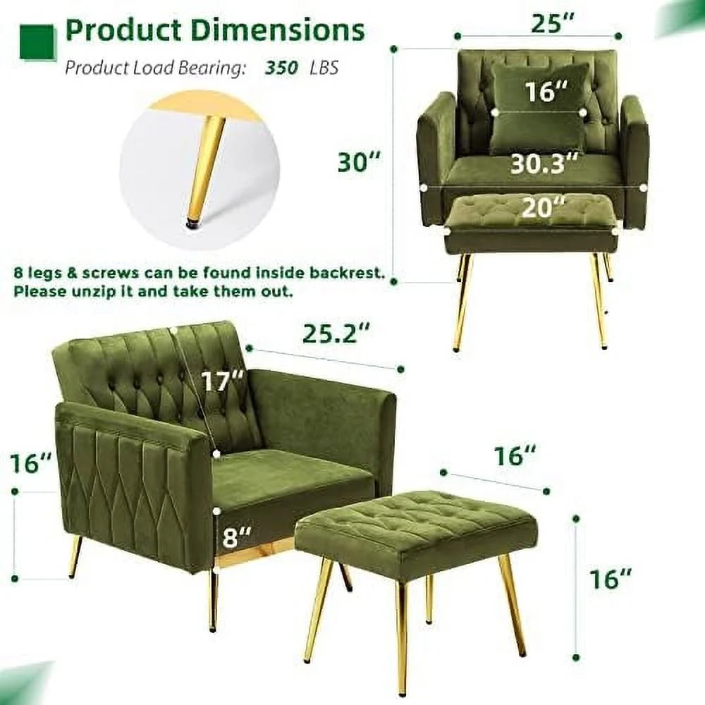 Velvet Accent Chair with Ottoman and Pillow Olive Green S954