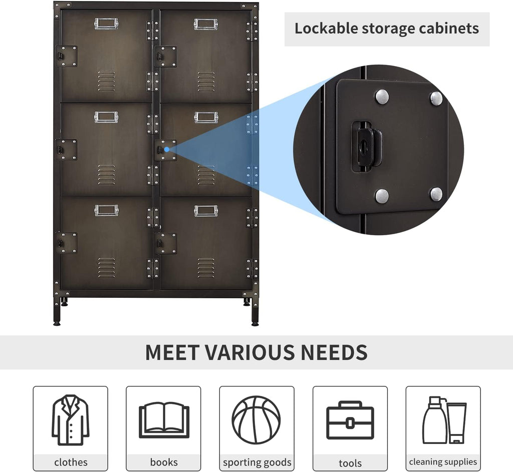 Metal Locker Storage Cabinet, 47.3” Steel Storage Cabinet with Shelves and 6 Lockable Doors F582735