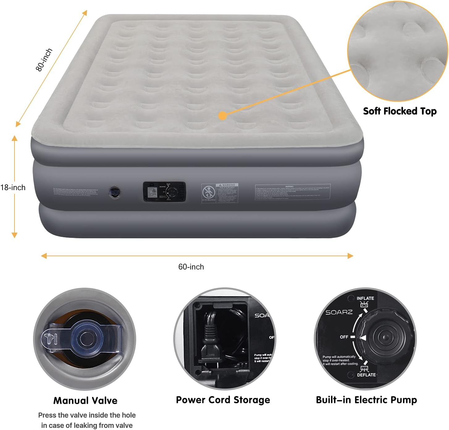 Queen Air Mattress with Built-in Pump, Flocked Top Airbed X4325