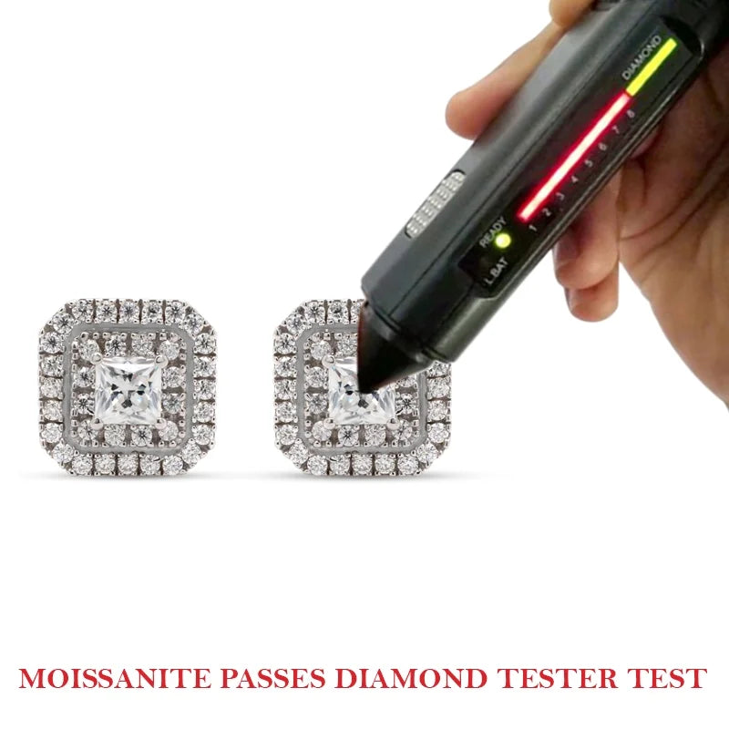 1 Carat Princess Cut Lab Created Moissanite Double Halo Stud Earrings In 14K Solid Yellow Gold W9276