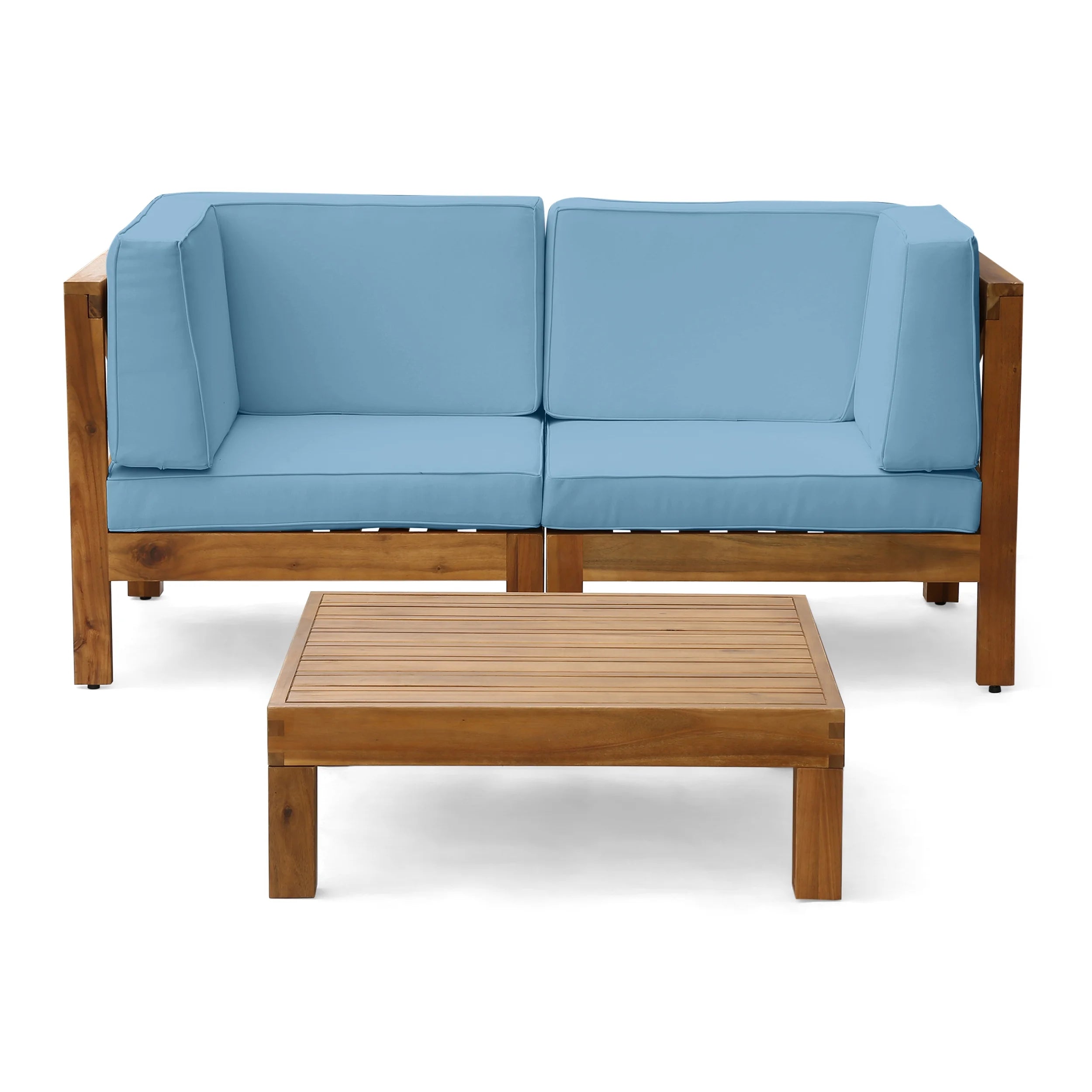 Modular 3 Piece Acacia Wood Sectional Loveseat and Coffee Table with Cushions Q680108