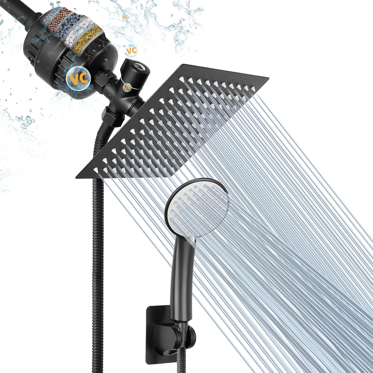 Chrome Finish 8″ Square Rain Shower Head and Handheld Shower Filter Combo with Self-adhesive Holder, 1.5M Hose, 1 Replaceable Filter Cartridge, Pack of 2 H442022
