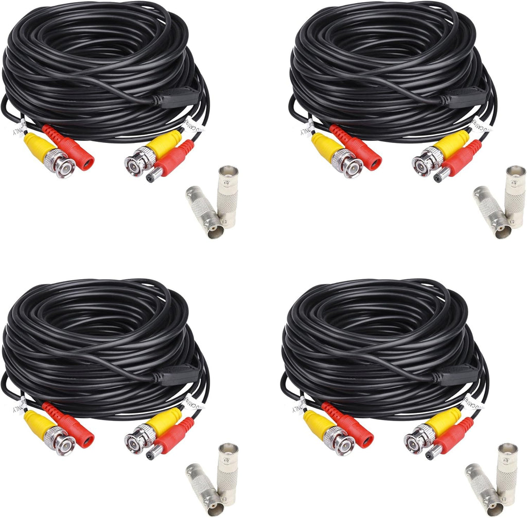 200ft Pre-Made Siamese BNC Video and Power Cable with BNC Extension Connectors for CCTV Security Camera (4 Pack, Black) F366808