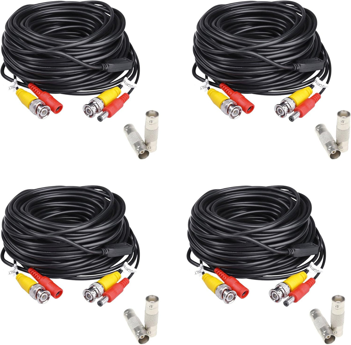 200ft Pre-Made Siamese BNC Video and Power Cable with BNC Extension Connectors for CCTV Security Camera (4 Pack, Black) F366808