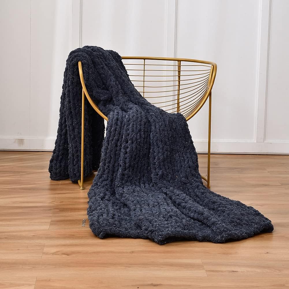 Chunky Knit Chenille Throw Blanket Navy 40×59 Q43012