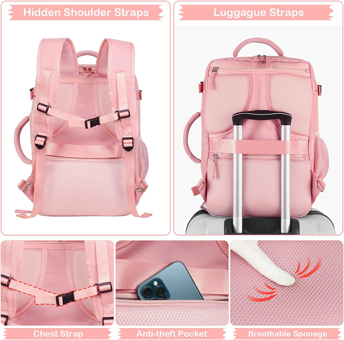 Pink Waterproof Travel Backpack with 2pcs Wash Bags H368