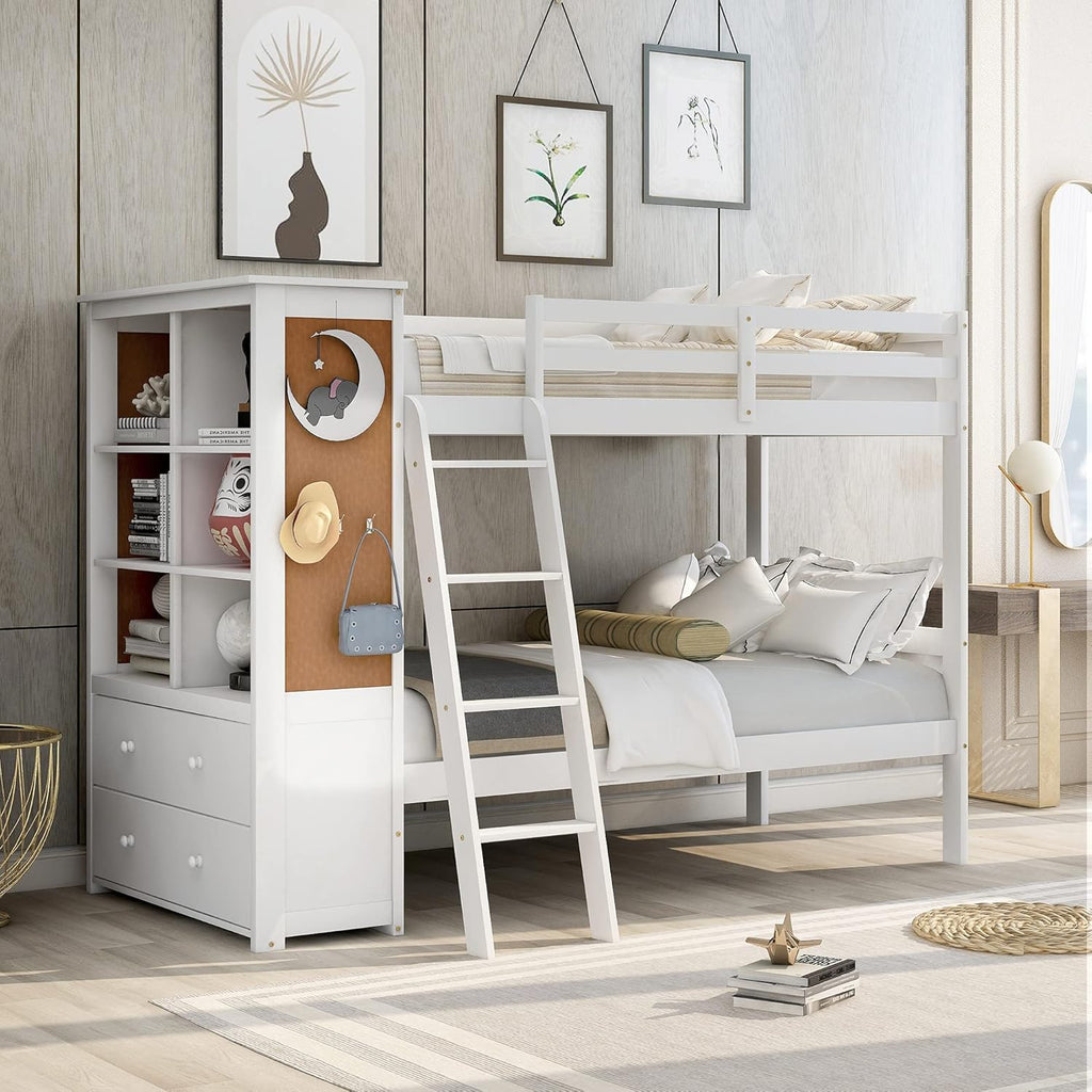 White Solid Wood Twin Over Twin Bunk Bed with Storage Staircase, Slide, Two Drawers P727