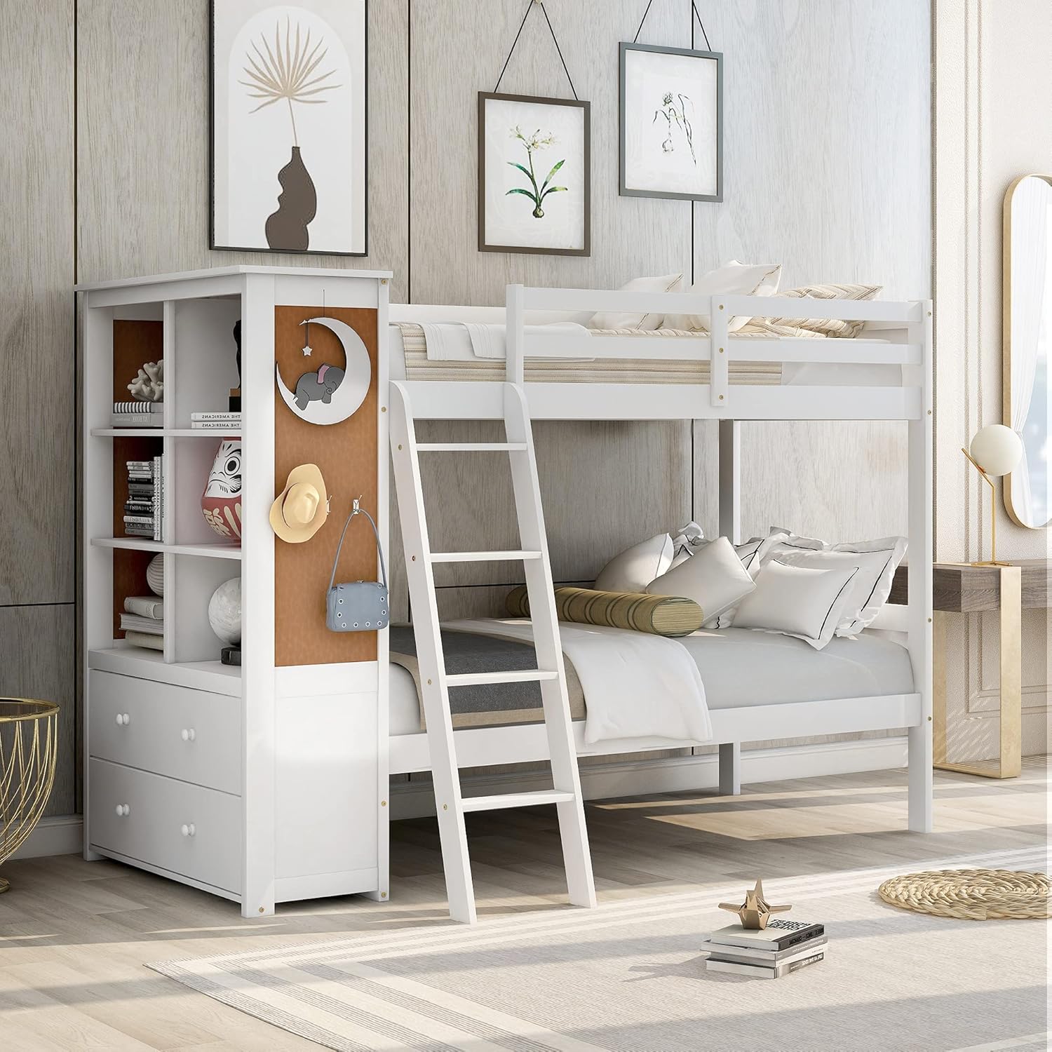 White Solid Wood Twin Over Twin Bunk Bed with Storage Staircase, Slide, Two Drawers P727