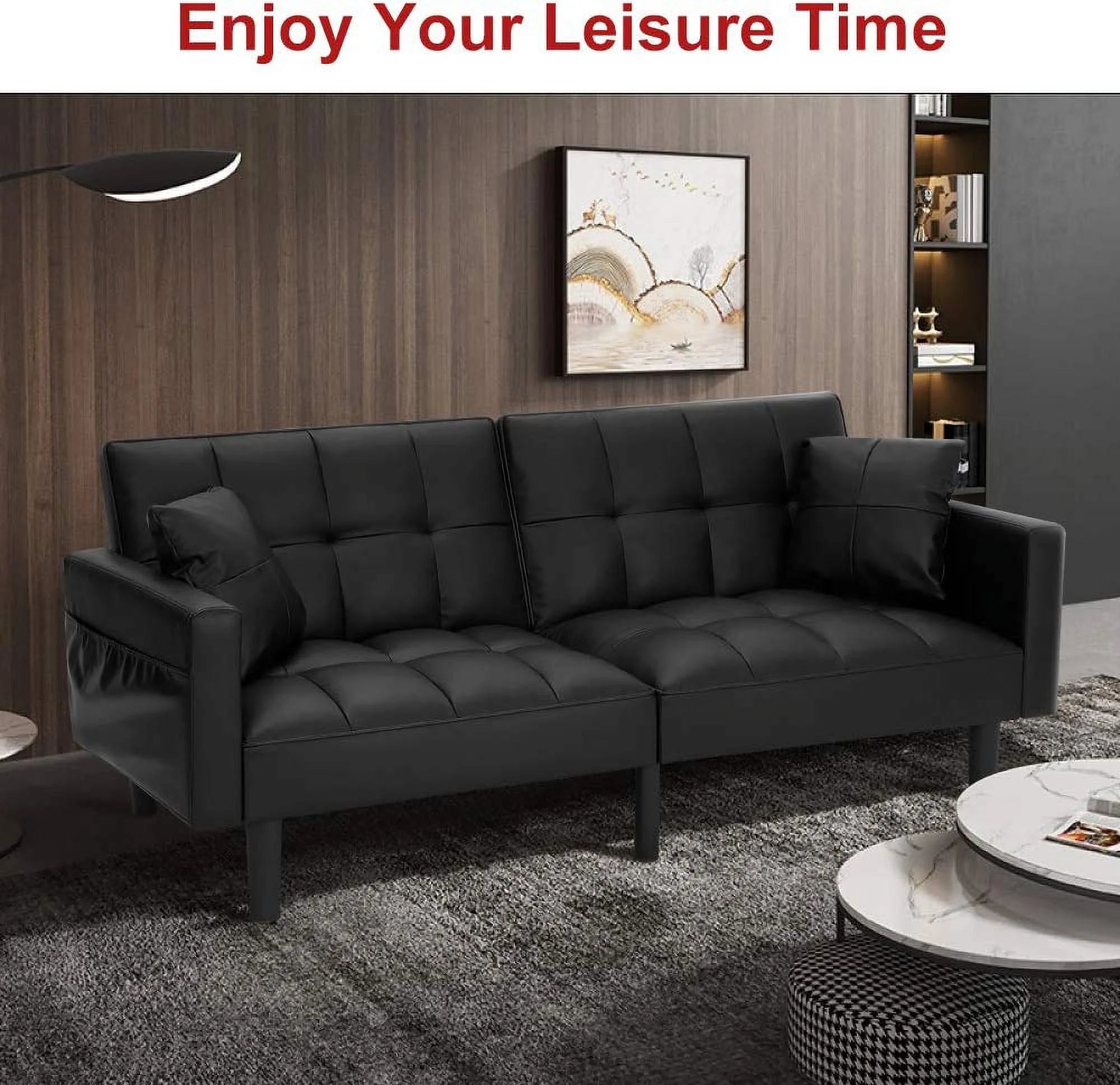 Black Convertible Leather Folding Sofa Bed T9829