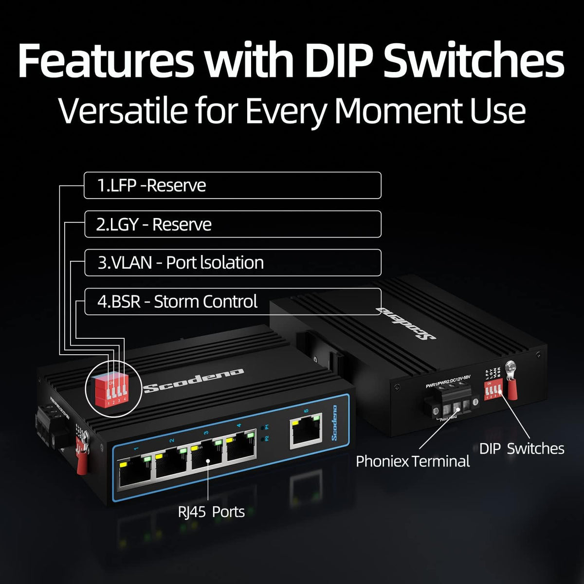 5 Port Industrial Ethernet Switch, DIN-Rail Mount, IP40, Metal Housing, Pack of 2 D437088