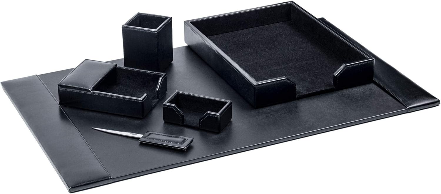 Bonded Leather Desk Set, 5pcs, Black Q158