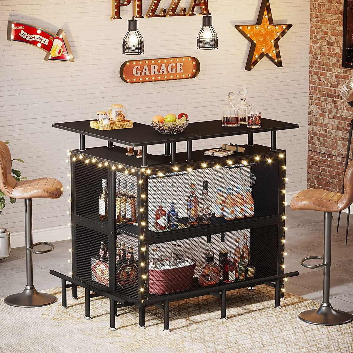 Black L-shape Liquor Bar Table with 2-Tier Storage I545