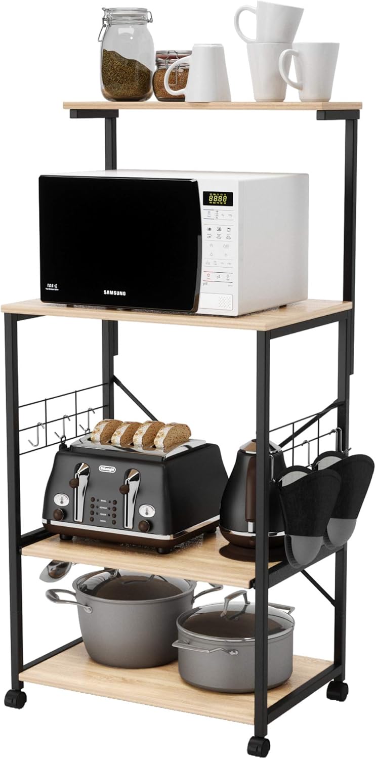 Oak 4 Tier Kitchen Rack with Storage Shelf and Rolling Cart Y8123