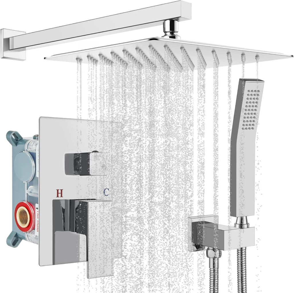 10 inch Wall Mounted Shower System with Hand Held Square Shower Head Polished Chrome J4146