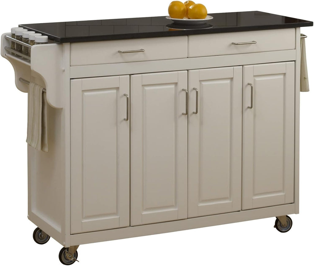 White Finish Four Door Kitchen Cart with Black Granite Top M8942