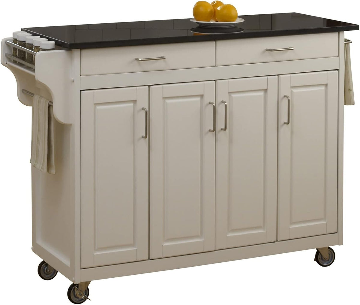 White Finish Four Door Kitchen Cart with Black Granite Top M8942