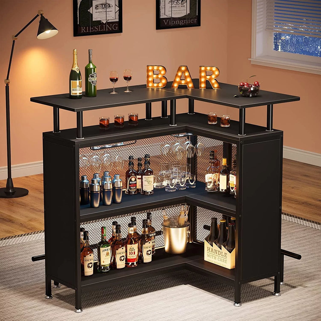 Black L-shape Liquor Bar Table with 2-Tier Storage I545