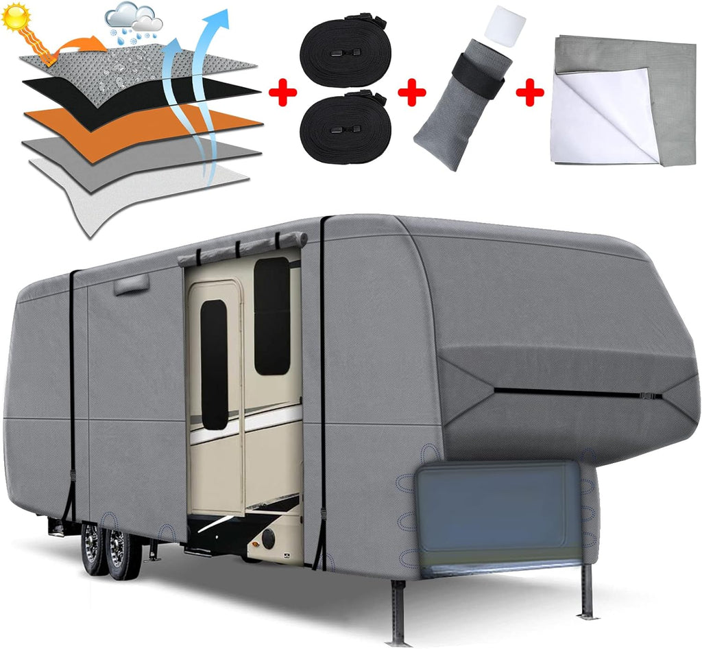 5 Layers Heavy Duty RV Cover with 2Pcs Straps & Gutter Covers L9350