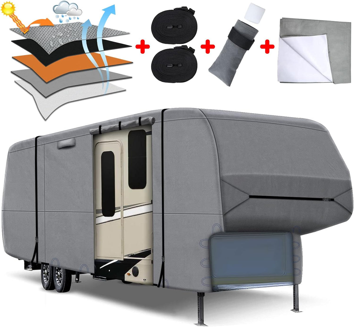 5 Layers Heavy Duty RV Cover with 2Pcs Straps & Gutter Covers L9350